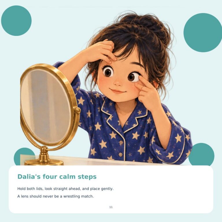 Page from the book: Dalia holds her eyelids open to put in her ortho-k lens